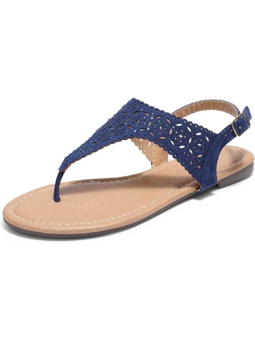 Women's Navy T-Strap Gladiator Flats Buckle Closure Summer Casual Wear Sandals